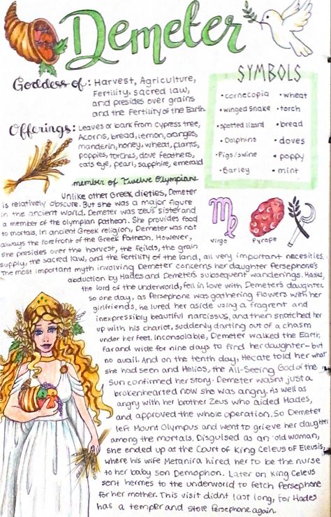 Demeter Offerings, Greek Mythology Notes, Greek Mythology Journal, Pagan Gods And Goddesses, Demeter Greek Goddess, Demeter Goddess, Deity Work, Greek Deities, Goddess Magick