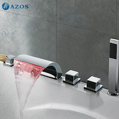 Bathtub Faucets LED Light Chrome Bathroom Suana 5pc Sets Showerhead,Diverter,Two Handles,Shower Hose,Waterfall Spout YGWJ005 Chrome And Brass Bathroom, Bathtub Faucets, Bathroom Shower Faucets, Waterfall Bathroom, Roman Tub Faucets, Waterfall Faucet, Commercial Bathroom Sinks, Sink Mixer Taps, Faucet Accessories