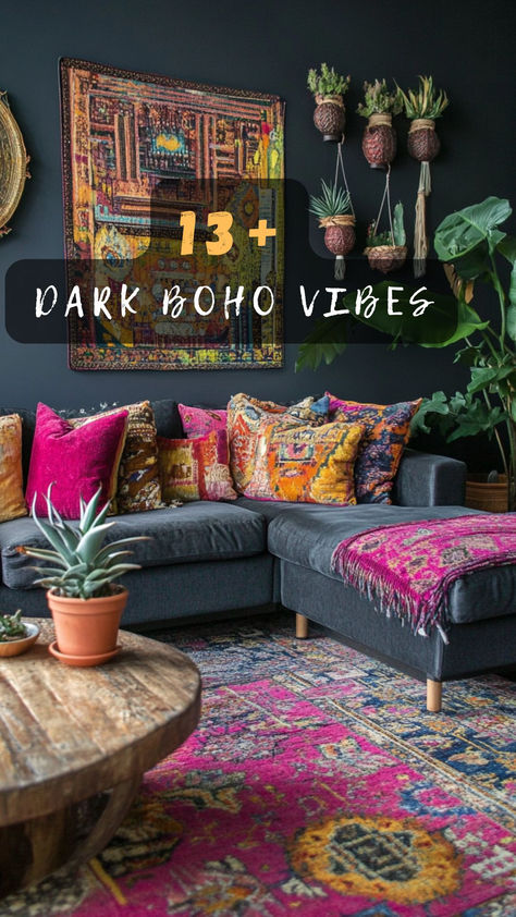 Elevate your living space with dark boho charm! Click to discover 13 ideas that blend rich colors and eclectic vibes. 🌑🌿 #BohoLivingRoom #DarkBoho #InteriorDesign #HomeDecor #EclecticStyle Jewel Tone Lounge Room, Dark Green Living Rooms Ideas, Black Walls Bright Decor, Dark Boho Chic Living Room, Cozy Living Room With Pops Of Color, Thrifted Living Room Aesthetic, Boho Vintage Decor Living Room, Boho Witch Living Room, Vintage Living Rooms Ideas