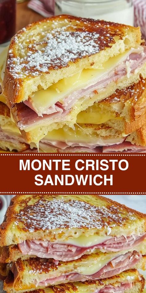 Discover the ultimate Monte Cristo Sandwich recipe, perfect for a hearty breakfast or a satisfying lunch. This classic sandwich combines layers of Swiss cheese, deli turkey, and ham between slices of soft white bread, all dipped in a rich egg mixture and cooked to golden perfection. Serve it with a sprinkle of powdered sugar and a side of strawberry jam for an irresistible sweet and savory experience. Ham Bagel Sandwich, Grilled Monte Cristo Sandwich, Monte Carlo Sandwich, Ham And Cheese Subs In Oven, Turkey Monte Cristo Sandwich, Monte Christo Sandwiches Recipe, Leftover Ham Sandwich Recipes, Ham Lunch Meat Recipes, Recipes With Swiss Cheese