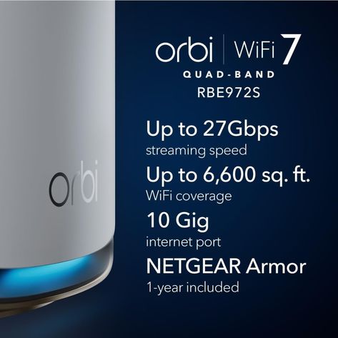 NETGEAR Orbi 970 Series Quad-Band WiFi 7 Mesh Network System (RBE972S), Router + 1 Satellite Extender, Covers Up to 6,600 sq. ft., 200 Devices, 10 Gig Internet Port, BE27000 802.11be (Up to 27Gbps) Wifi Repeater, Wifi Mesh, Magnetic Loop Antenna Ham Radio, Wifi Internet, Wifi Network, Speed Up, Router, Quad, Internet