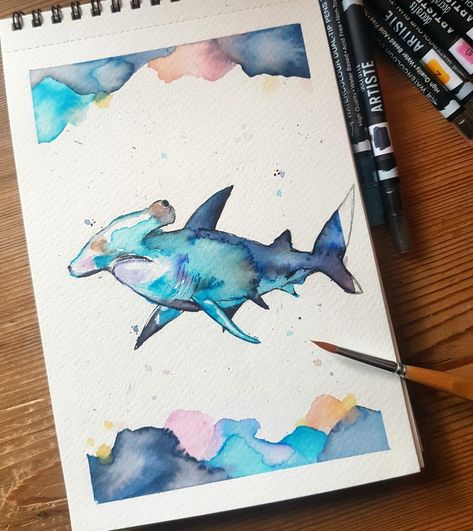 Hammerhai, Shark, Aquarell, Art, Colorful, Watercolour, Painting Hammerhead Shark Watercolor, Hammerhead Shark Painting, Aquarell Painting, Watercolor Quotes, Shark Painting, Watercolor Quote, White Whale, Hammerhead Shark, Watercolour Inspiration