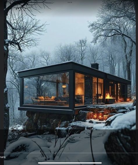 Snow Modern House, Minimalist Mountain House, Modern Cabins In The Mountains, House In The Middle Of The Forest, Modern House Forest, House In The Woods Exterior, Modern Winter Cabin, Norway Cabin, House In Mountains