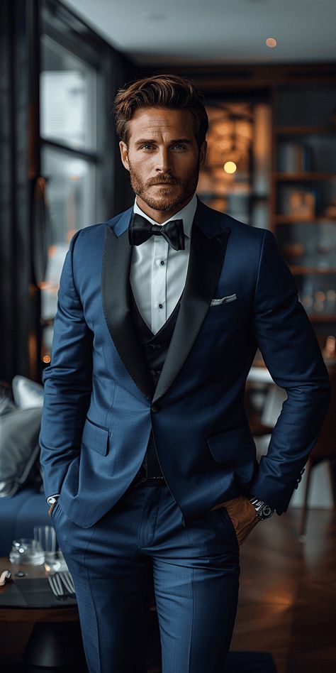 Wedding Dress To Impress For Guys: Elegant Evening Style Dark Blue Suit Wedding Groom Attire, Dark Navy Blue Tuxedo Wedding, Groom Tuxedo Colors, Navy Suit With Bow Tie, Wedding Tuxedo For Men Groom Style, Black Suit Blue Tie, Navy Blue Tuxedo Wedding, Black Suit Groomsmen, Navy Tux Wedding