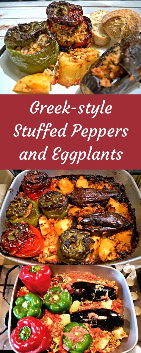 Eggplant Stuffed Peppers, Gemista Recipe, Greek Stuffed Peppers, Stuffed Vegetables, Greek Recipes Authentic, Greek Cooking, Greek Dishes, Mediterranean Cuisine, Eggplant Recipes