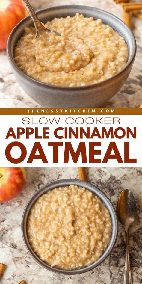 Wake up to this Slow Cooker Apple Cinnamon Oatmeal! Not only is this crockpot oatmeal an easy breakfast food, but it is also delicious. Save this simple fall recipe and enjoy some overnight oats! Variations on this apple food idea included! Apple Crockpot Recipes, Easy Breakfast Food, Crockpot Oatmeal Overnight, Overnight Crockpot Breakfast, Oatmeal Recipes Crockpot, Apple Food, Crockpot Oatmeal, Slow Cooker Oatmeal, Steel Cut Oats Recipe