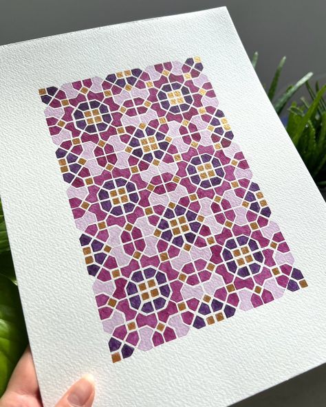 This is my first full attempt at constructing, tracing, tiling and painting an Islamic geometric pattern. This is the @samira.mian September patreon pattern - a Fourfold Jaali. I did a first construction with a 9.5cm radius, then another one with a 6.5cm radius and finally decided that was still too large so settled on a 5cm radius. 😅 Tiled it 2 by 3 on 9x12 inches watercolour paper. I’m still learning to use watercolours, trialing different paper brands and refining my overall techniq... Islamic Tiles Pattern, Geometric Islamic Pattern, Islamic Geometric Art, Islamic Patterns Geometric, Arabic Pattern Design, Islamic Geometric Pattern, Islamic Geometry, Interior Design Sketchbook, Islamic Tiles