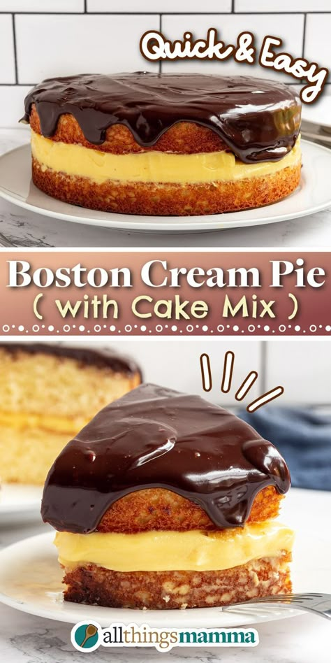 This easy Boston cream pie recipe might be made with a boxed cake mix, but it tastes just as good as the bakery version, with a rich chocolate glaze and creamy vanilla custard in the middle! Boston Cream Pie With a Boxed Cake Mix collage graphic made in Canva Easy Boston Cream Pie, Boston Cream Pie Recipe, Boston Cream Cake, Pastry Cream Filling, Boston Cream Pie, Cream Pie Recipes, Boston Cream, Gateaux Cake, Baileys Irish Cream