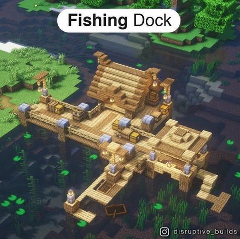 Minecraft Dock Ideas Cute, Minecraft Marina Ideas, Mincraft Idea Dock, Mc Dock Ideas, Minecraft Building Ideas Dock, Fisherman House Minecraft Ideas, Fishing Docks Minecraft, Minecraft Fishing Deck Ideas, Minecraft Dock Design Cottagecore