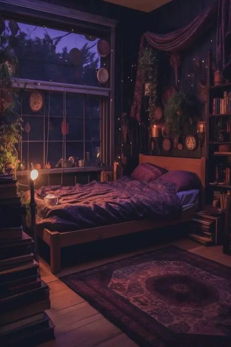 Dark Witchy Home Aesthetic, Dark Y2k Room, Manifesting Apartment, Witchy Bedrooms, Dark Academia Rooms, Baddie Rooms, Spiritual Aesthetic Room, Purple Bedroom Aesthetic, Dark Purple Room