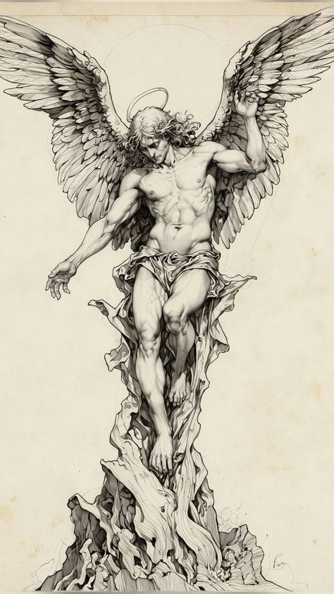 Flowing Tattoos Men, Angel Tattoo Ideas Men, Neotraditional Angel Tattoo, Male Figure Tattoo, Angel Reaching Down, Statue Reference Drawing, Angel Sketch Tattoo, Greek Gods Drawings, Angel Statue Drawing