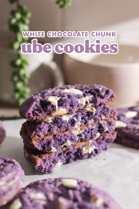 These soft ube cookies are made with ube halaya and ube extract for delicious purple yam flavour. They're then studded with white chocolate chunks for sweetness! #ube #ubecookies #ubehalaya #cookies | teakandthyme.com Purple Sweet Potato Cookies, Ube Cookies Recipes, Ube White Chocolate Chip Cookie, Ube Cookies, Ube Extract, Ube Halaya, Sweet Potato Cookies, Ice Cream Scooper, Purple Yam