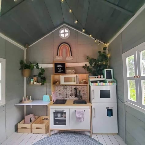 Cubby House Decorating Ideas, She Shed Playhouse, Interior Cubby House Ideas, Wooden Wendy House Ideas, Wendy House Decor, Cubby House Decor, Cubby Interior Ideas, Play House Inside Ideas, Play House Decorating Ideas Inside