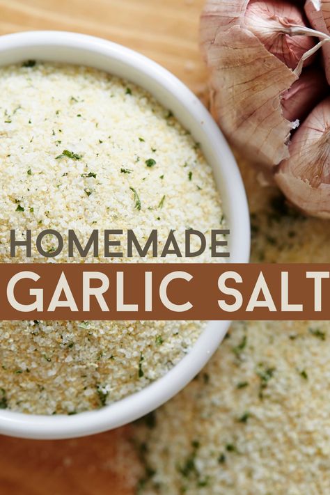 Homemade Salts Recipe, Homemade Salt Recipes, How To Make Garlic Salt At Home, Homemade Garlic Salt Recipe, Homemade Finishing Salt, Homemade Rosemary Salt, Flavoured Salts Diy, Lawrys Garlic Salt Recipe, How To Make Garlic Salt