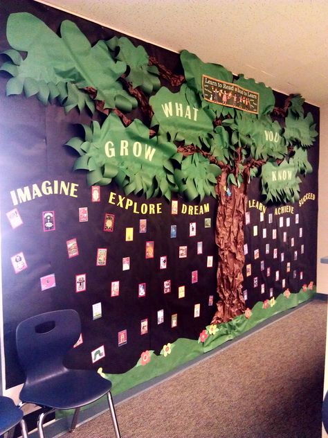 grow what you know library tree Reading Growth Bulletin Board, Library Tree, Reading Tree Corner Classroom Decor, Tree Book Corner Classroom, Tree Library Display, Growing Readers Bulletin Board, Classroom Library Quotes, Ar Reading, Pta Bulletin Boards