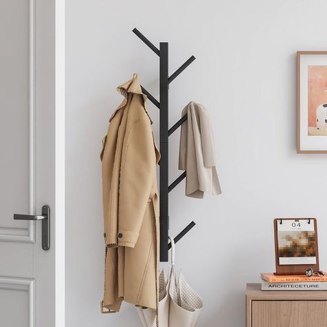 Coat Rack Entryway Behind Door, Guest Coat Rack Entryway, Coat Rack For Small Spaces, Wall Hooks Ideas Bedroom, Vertical Coat Rack Wall, Entryway Ideas Coat Hooks, Wall Coat Rack Ideas, Coat Hanging Ideas Entryway, Vertical Hat Rack