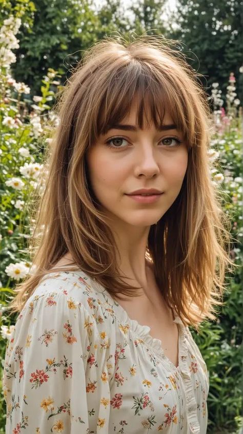 Framed Face Bangs, Golden Brown Hair With Bangs, Medium Hair With French Bangs, Medium Brown Hair Bangs, Brown Medium Length Hair With Bangs, Bangs Above The Eyebrow, Light Brown Hair With Fringe, Honey Brown Hair With Bangs, Subtle Bangs Medium Hair