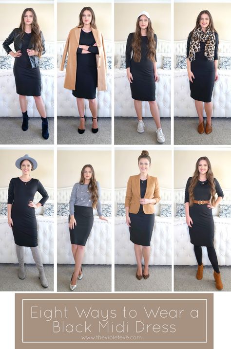 Eight Ways to Wear a Black Midi Dress Black Dress Office Outfit Winter, Ways To Wear A Dress In Winter, Fall Black Midi Dress Outfit, Black Shift Dress Outfit Winter, Black Dress Midi Casual, Spring Black Dress Outfit, How To Style Midi Dress Winter, Ways To Wear A Black Dress, One Black Dress Multiple Outfits