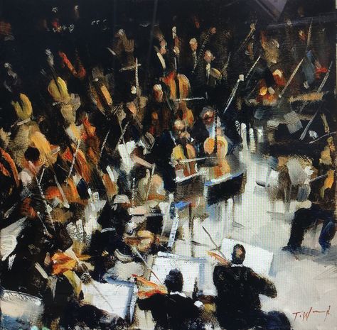 "The Orchestra" oil on canvas by Trevor Waugh Orchestra Wallpaper, Orchestra Drawing, Orchestra Painting, Classical Music Aesthetic, Orchestra Illustration, Orchestra Artwork, Orchestra Aesthetic, Symphony Orchestra Aesthetic, Orchestra Concerts