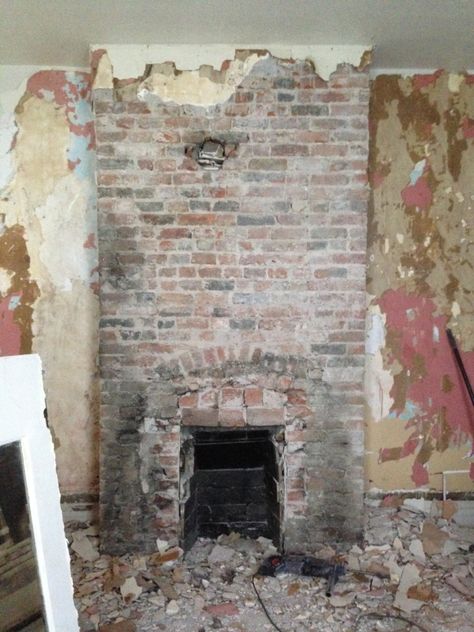 We couldn’t help ourselves and kept going until the whole wall was exposed. Exposed Brick Wall Fireplace, Exposed Brick Fireplace Kitchen, Chimney Renovation, Exposed Fireplace, Stove Alcove, Exposed Brick Fireplace, Exposed Brick Fireplaces, Vintage Fireplace, Brick Chimney