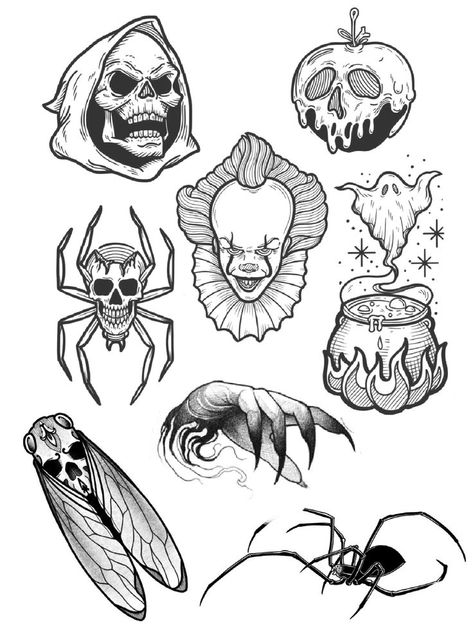 Halloween flash sheet, cool flash tattoos, tattoo flash sheet ideas, goth tattoo flash sheet, unique flash tattoo, halloween tattoo flash art, creepy flash tattoo, traditional halloween tattoo flash, spooky flash tattoo, goth tattoo flash sheet Halloween Tattoos Men, Flash Tattoo Halloween, Halloween Tattoo Flash Art, Traditional Halloween Tattoo Flash, Flash Sheet Ideas, Flash Tattoo Blackwork, Goth Tattoo Flash Sheet, Flash Tattoo Traditional, Unique Flash Tattoo