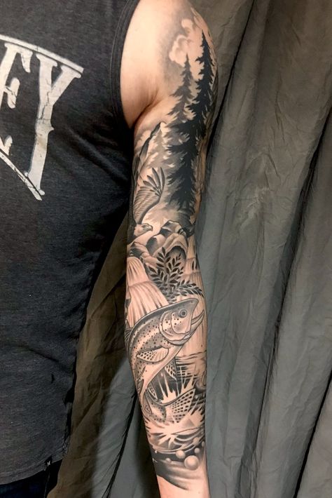 Waterfall Tattoo, Trout Tattoo, Fly Fishing Tattoo, Elk Tattoo, Nautical Tattoo Sleeve, Wildlife Tattoo, Nature Tattoo Sleeve, Men Tattoos Arm Sleeve, Nature Tattoo