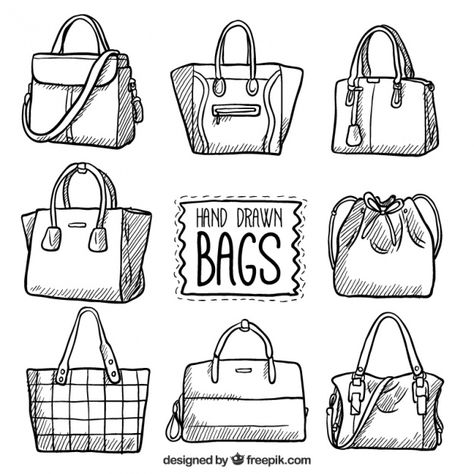 Set of hand-drawn bags Vector | Free Download Hand Drawn, Free Bag, Vector Free, How To Draw Hands, White