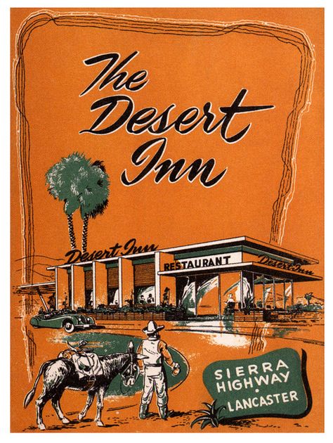 The Desert Inn, Lancaster, CA Retro California Aesthetic, Duotone Illustration, Matchbook Illustration, California Graphic Design, Illustrated Buildings, California Travel Poster, California Artwork, Lancaster California, Vintage Motel Sign Illustration