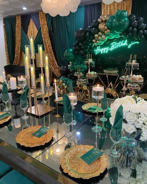 Emerald Green Sweet 16 Decorations, Dark Green And Gold Birthday Party Decor, Emerald Birthday Decorations, Emerald Green Black And Gold Quinceanera Theme, Emerald Green And Black Party Theme, Emerald Green Centerpieces Sweet 16, Emerald Green And Gold Masquerade, Dark Green 15 Theme, Green Gold And Black Sweet 16