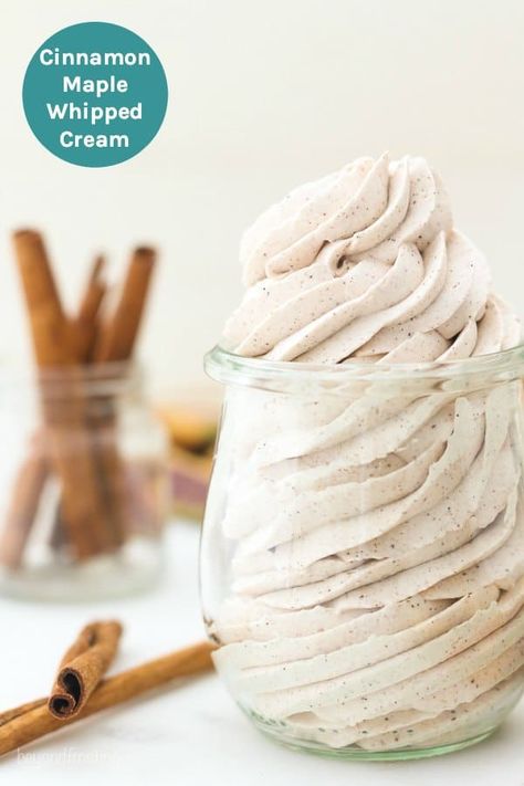 Cinnamon Maple whipped cream is a homemade whipped cream flavored with maple syrup and cinnamon. It’s the perfect topping for cakes, coffee or your pumpkin spice latte. #whippedcream #whippedcreamrecipe #whippedcreamfrosting Stable Whipped Cream, Stabilized Whipped Cream Frosting, Maple Whipped Cream, Keto Whipped Cream, Spiced Whipped Cream, Homemade Whipped Cream Recipe, Homemade Chai, Flavored Whipped Cream, Whipped Cream Recipe