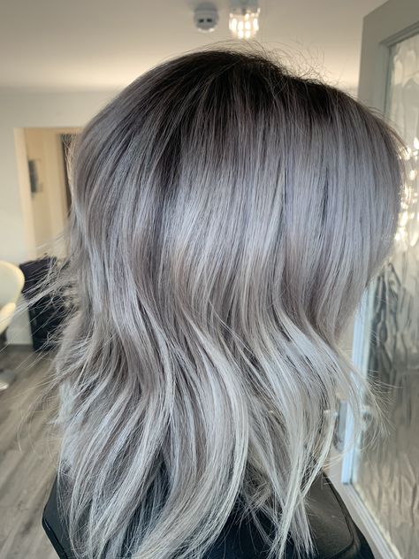 Grey Hair With Root Smudge, Gray Hair With Shadow Roots, Root Shadow Ash Blonde, Silver Hair Brown Roots, Gray Hair Shadow Root, Gray Hair With Root Smudge, Root Smudge Grey Hair, Silver Hair With Root Smudge, Silver Hair Root Smudge