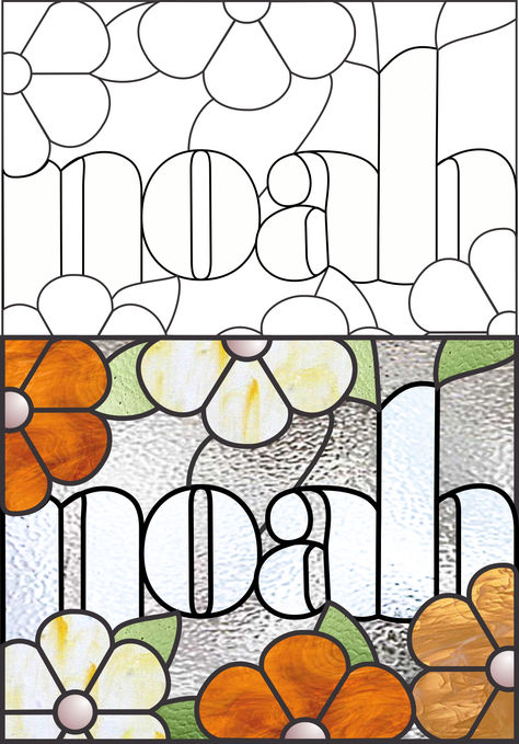 color and black and white pattern for stained glass, glass printing, glass painting, name Noah, and flowers Stained Glass Patterns Free Flowers, Stained Glass Name Signs, New Grandchild, White Page, Stain Glass Window Art, Logo Word, Stained Glass Patterns Free, Glass Window Art, Painting Printable