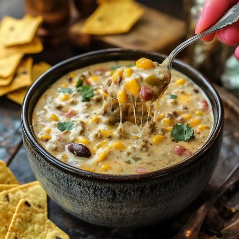 Queso Chilli Soup, Cheese Enchilada Soup, Cheesy Enchiladas Chili, Hatch Chili Sausage Recipes, Soup And Chili Recipes, Hamburger Green Chili Recipes, Cheesy Enchilada Soup, Cheesy Enchilada Chili, Cheesy Chili Recipe