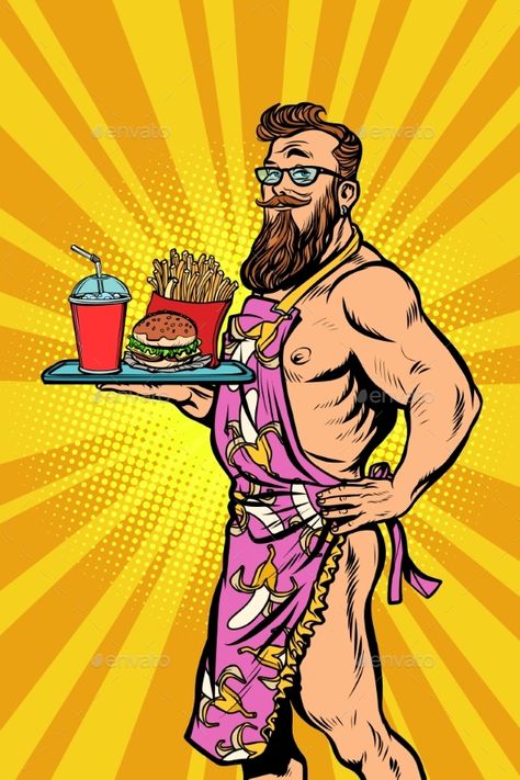 Sexy male waiter fast food restaurant. Comic cartoons pop art retro vector illustration kitsch drawing Pop Art Restaurant, Food Comic, Food Pop Art, Sandwich Art, Pop Art Costume, Restaurant Illustration, Cosmetic Labels Design, Pop Art Party, Pop Art Food