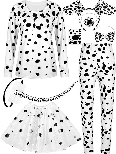 SOMSOC 8 Pieces 101 Day of School Women Dalmatian Dog Costume Set 100 Days Long Sleeve Pant Accessories for Halloween Cosplay Adult Dalmation Costume Diy, Diy Dalmatian Costume, 101 Dalmations Costume, Dalmatian Dog Costume, Pant Accessories, 101 Dalmatians Costume, Dalmation Costume, Amazon Halloween, Dalmatian Costume