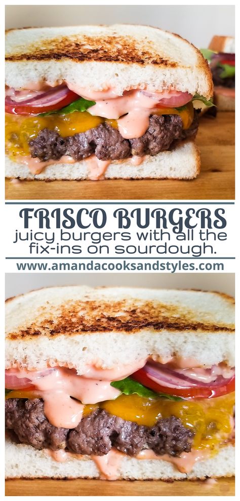 Amazing Frisco Burgers (San Francisco Cheeseburger)- A juicy cheeseburger layered with grilled onions, creamy burger sauce, lettuce and tomato on a hot grilled slice of sourdough bread. Frisco Burger Recipes, Fall Burger Ideas, Frisco Sauce, Frisco Burger, Frisco Melt, Food Inspired, Burger Toppings, Burger Sauce, Gourmet Burgers