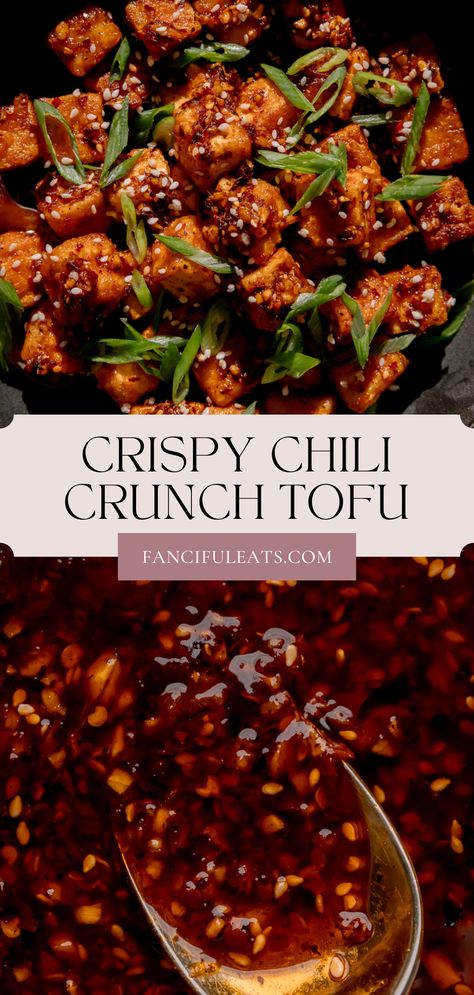 Crispy Chili Crunch Tofu topped with sliced green onions and sesame seeds. Thai Chili Tofu, Tofu Recipes Spicy, Spicy Crispy Tofu Recipes, Chili Tofu Recipe, Chili Garlic Tofu, Easy Fried Tofu, Chili Oil Tofu, Wok Recipes Vegetarian, Chili Crunch Tofu