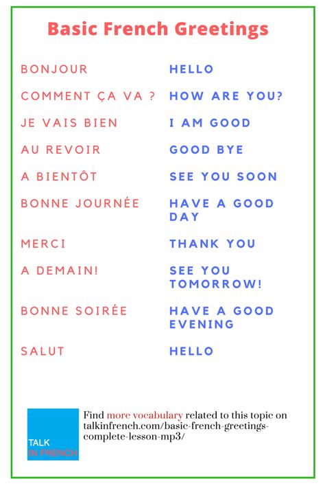 Basic French Greetings you’ll surely need when interacting with French people.  Check out the list in the article + download the MP3 files for learning. It’s for free. https://www.talkinfrench.com/basic-french-greetings-complete-lesson-mp3/ French Greetings, French Flashcards, Basic French Words, French For Beginners, French Language Lessons, French Grammar, French Classroom, French Expressions, Law And Justice