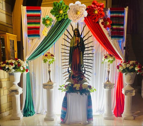 Our Lady Of Guadalupe Altar Decorations, Virgin Mary Altar Decoration, Altar Para La Virgen Ideas En Casa, Altar Para La Virgen Ideas, Guadalupe Altar, Advent Church Decorations, Balloon Birthday Themes, Alter Decor, Christmas Tree Decorations Ribbon