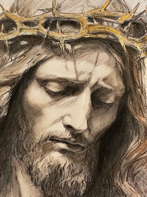 Jesus in watercolor, pencil, and pen. Using charcoal and graphite. Stained with Community Coffee. Framed portraits come with engraved 1840 square head nails in each corner. Catholic Paintings, Jesus Photos, God Aesthetic, Jesus Art Drawing, Jesus Christ Illustration, Pencil And Pen, Jesus Portrait, Community Coffee, Virgin Mary Art