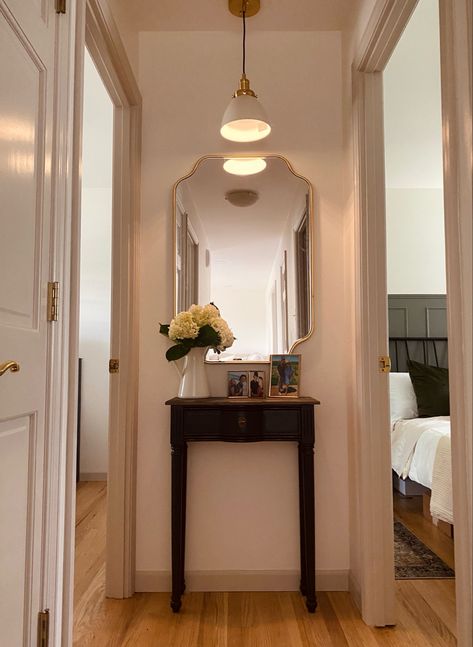 Mirror In Small Hallway, Light Over Mirror Hallway, Mirror At The End Of Hallway, Entry Way Table Decor Small, End Of Hallway Console Table, End Of Hallway Decor Ideas Small Spaces, Small Doorway Decor, Long Hallway Mirror, End Of Hallway Decor Ideas Mirror