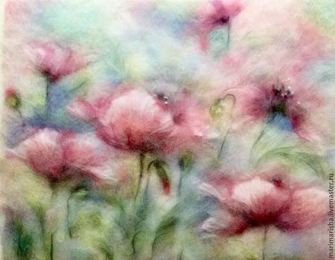 Fluffy Painting: Wool Watercolours By Marina Akserova Pastels Paintings, Crewel Embroidery Tutorial, Tissue Paper Art, Felt Wall Hanging, Felt Wall, Wet Felting Projects, Felt Pictures, Watercolor Poppies, Needle Felting Projects