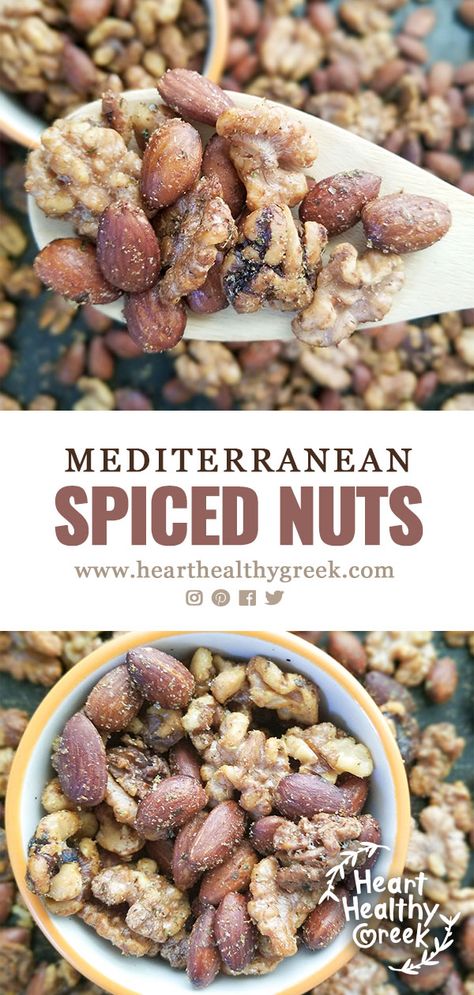 This recipe for mixed nuts is quick and easy. Coated with aromatic Mediterranean spices and roasted until fragrant and savory. The perfect snack to enjoy as a snack, part of a cheese board or topping for a salad. #spicednuts #mediterraneanrecipe #mediterraneandiet #healthysnacks Savory Nuts Recipe, Nut Mix Recipe, Roasted Nuts Recipe, Spiced Nuts Recipe, Seasoned Nuts, Mediterranean Snacks, Spiced Walnuts, Flavored Nuts, Spicy Nuts