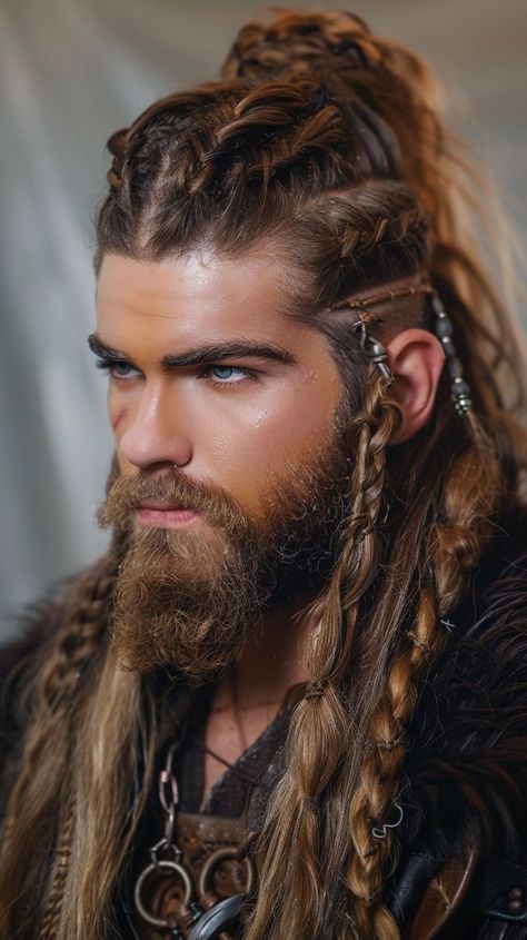 Handsome viking man with epic hairstyle. Nordic Hairstyles, Vikings Hairstyles, Hairstyles For Long Hair Tutorials, Viking Hairstyles Male, Older Mens Long Hairstyles, Viking Hairstyles For Men, Male Viking, Long Hair Tutorials, Messy Fishtail