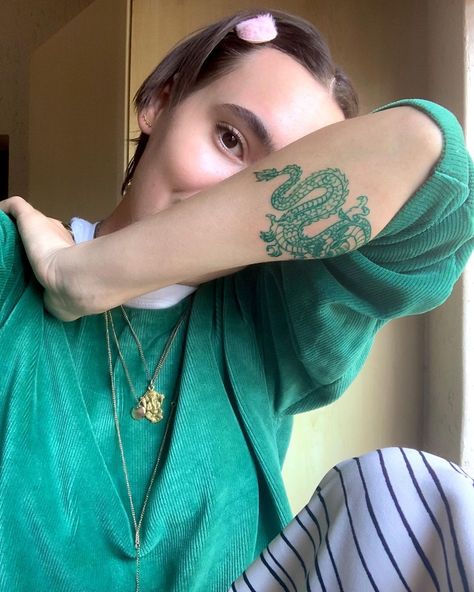 Green Dragon Tattoo For Women, Jade Dragon Tattoo, Soft Dragon Tattoo, Emerald Green Tattoo, Green Tattoos For Women, Green Tattoo Ideas, Dark Green Tattoo, Dragon Tattoo Calf, Green Dragon Tattoo