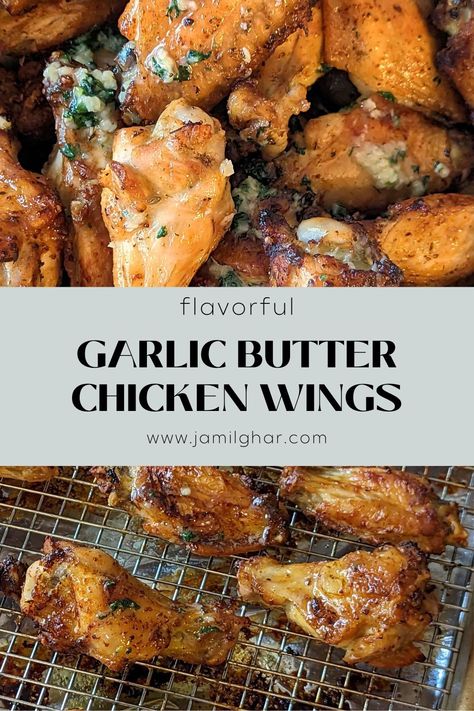 Two images of our garlic butter chicken wings. One is a close up of the sauce on the wings. The other is the wings cooking on a wire rack. Garlic Butter Chicken Wings, Chicken Wings Recipe Oven, Butter Chicken Wings, Wallpapers Food, Tattoo Food, Chicken Wings Crockpot, Garlic Sauce For Chicken, Garlic Fried Chicken, Easy Chicken Wing Recipes