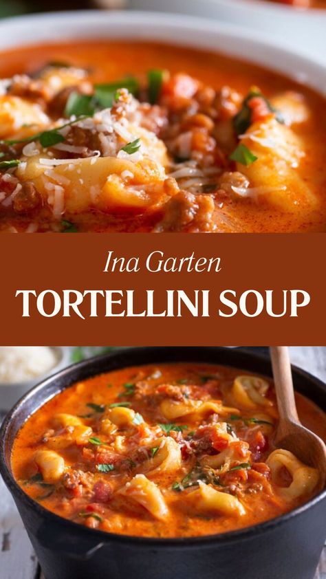 Ina Garten Tortellini Soup Fall Crockpot Soups, Crockpot Soups And Stews, Ina Garten Pasta Recipes, Tortellini Soup Crockpot, Italian Sausage Tortellini Soup, Flour Chicken, Ina Garden, Crockpot Soups, Sausage Tortellini Soup