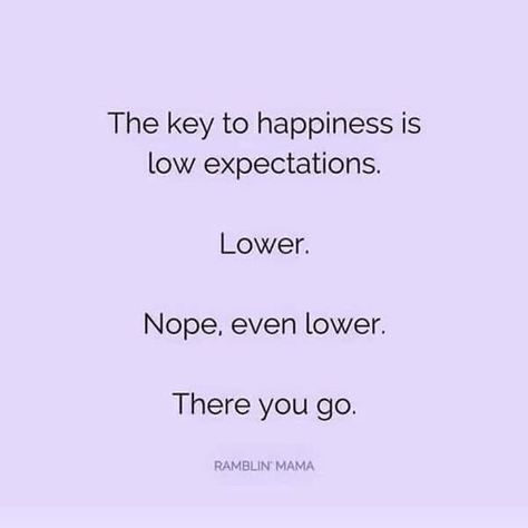 The key to happiness is low expectations.  Lower.  Nope, even lower.  There you go. Passive Aggressive Quotes, Aggressive Quotes, Funniest Quotes Ever, Whatever Forever, Key To Happiness, Passive Aggressive, Happiness Is, A Quote, Bones Funny