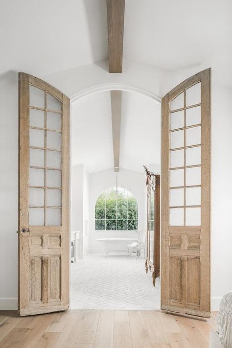 French Bathroom Doors, Bathroom French Doors, Bathroom Door Ideas, Arched French Doors, Wood French Doors, French Bathroom, French Farmhouse Style, Frosted Glass Door, Weekly Inspiration