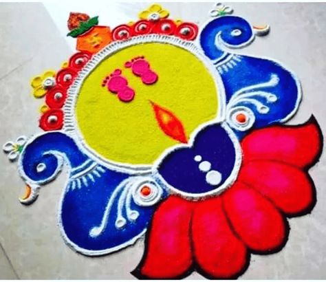 Mayur Rangoli Rangoli Design Images (Mayur Rangoli Rangoli Kolam Ideas) - 2022 Lakshmi Pujan Rangoli Designs, Lakshmi Rangoli Designs, Kalash Rangoli Designs, Lakshmi Pujan Rangoli, Rangoli Lakshmi, Lakshmi Feet, Lakshmi Pujan, Padwa Rangoli, Diwali Rangoli Design